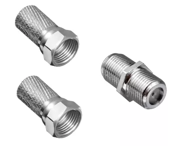 Satellite Cable Connector Set, 2x F-Connector + Coupling. 2x 7.3mm F-connectors with one connector in the set